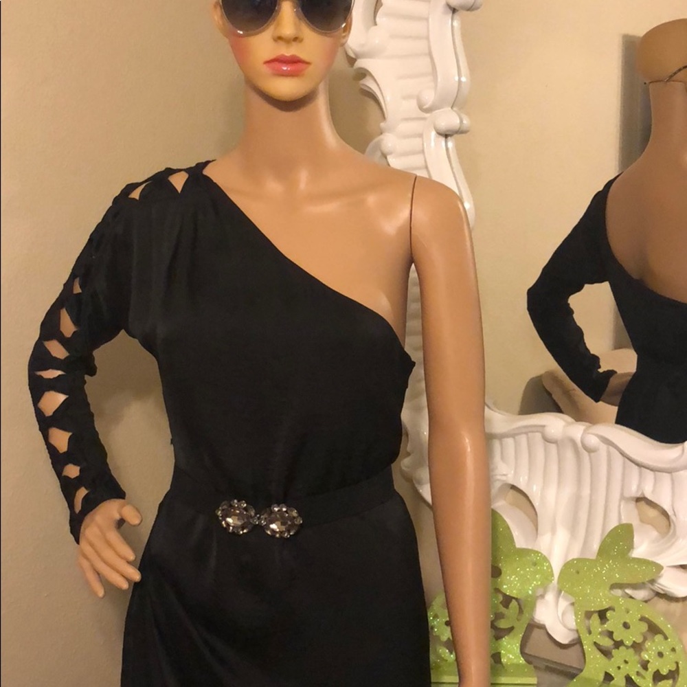 Black satin one shoulder dress & rhinestone belt